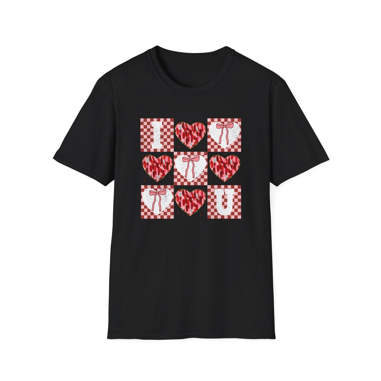 Chic "I Love You" Heart & Bow T-Shirt - Unique Distressed Checkered Design for Valentine's Day & Romantic Gifts for Her