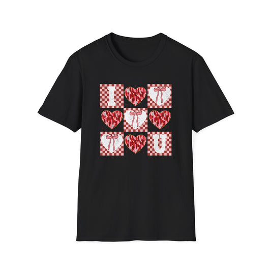 Chic "I Love You" Heart & Bow T-Shirt - Unique Distressed Checkered Design for Valentine's Day & Romantic Gifts for Her