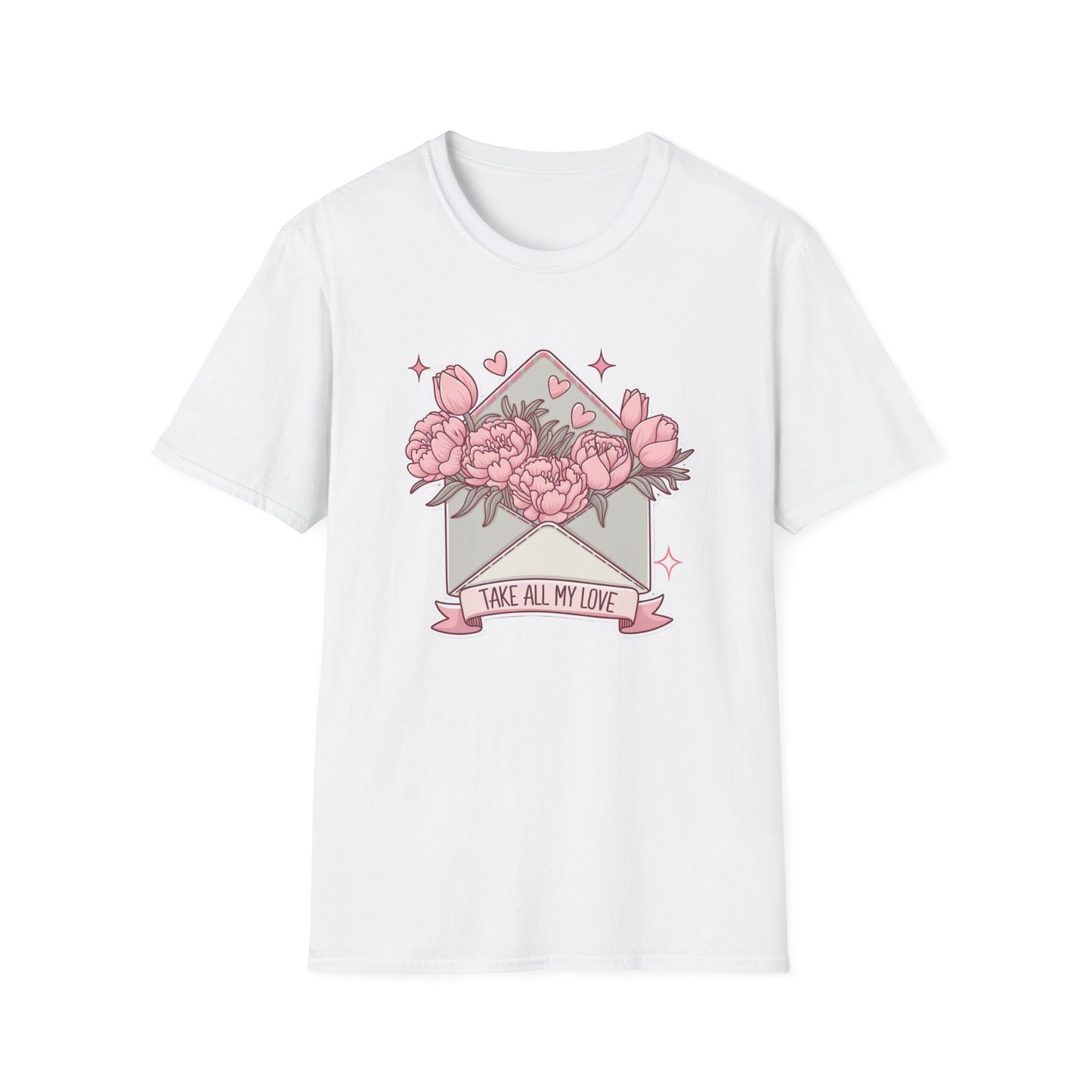 Sweet Love Letter T-Shirt: 'Take All My Love' Peony & Tulip Envelope Tee | Romantic Gift for Her