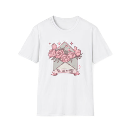Sweet Love Letter T-Shirt: 'Take All My Love' Peony & Tulip Envelope Tee | Romantic Gift for Her