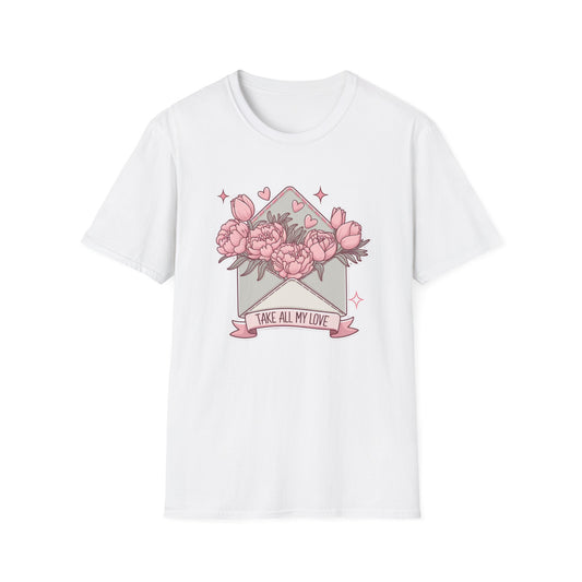 Sweet Love Letter T-Shirt: 'Take All My Love' Peony & Tulip Envelope Tee | Romantic Gift for Her