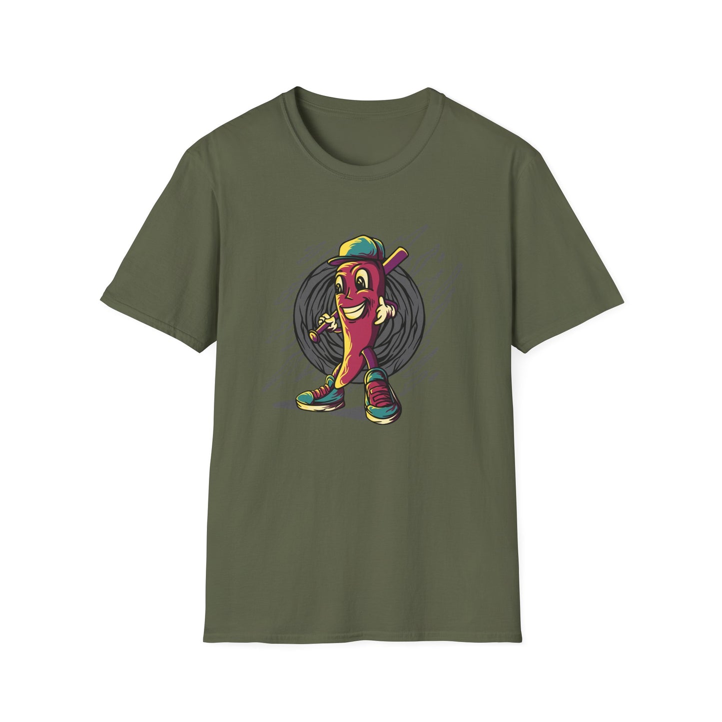 Epic Chili Pepper Baseball Player T-Shirt - Vibrant Cartoon Hot Pepper Tee for Sports Fans | Unique Game Day Apparel
