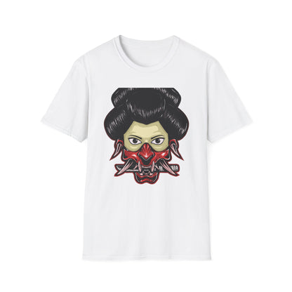 Fierce Hannya Mask T-Shirt | Striking Japanese Oni Demon Warrior Tee with Blade | Bold Traditional Art Statement Shirt