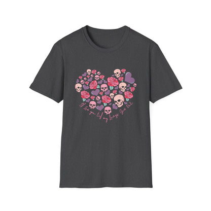 Captivating Goth Skulls & Roses Heart T-Shirt | Edgy 'Love You Till My Lungs Give Out' Tee | Unique Dark Romance Apparel Gift