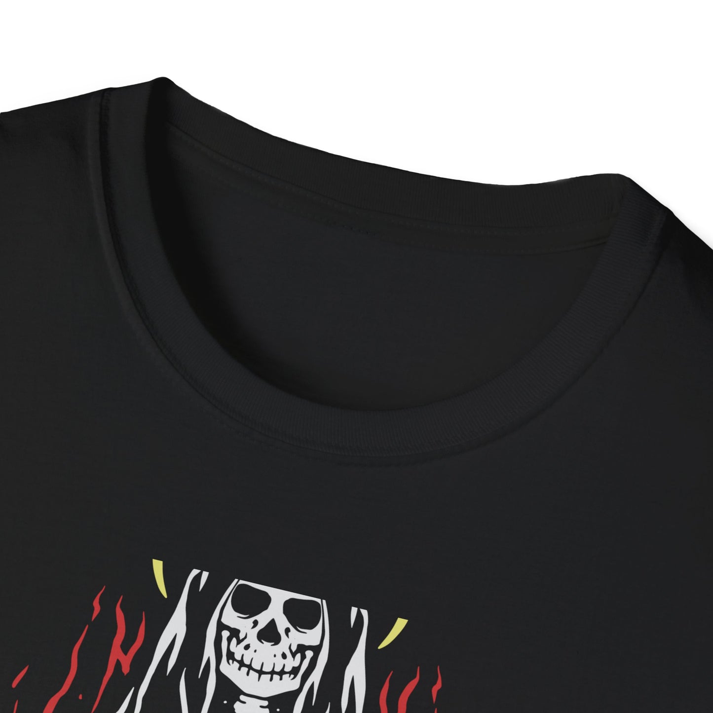 Mystic Skeleton Saint T-Shirt | Haunting Grim Reaper with Halo & Red Accents | Gothic & Alternative Apparel