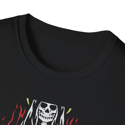 Powerful Skeletal Saint T-Shirt | Mystical Grim Reaper with Halo | Dark Goth Art Tee for Alternative Souls