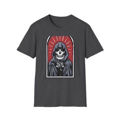 Bold Pop Art Skeleton T-Shirt: Hooded Grim Reaper with Rosary - Unique Gothic Alt Style Tee