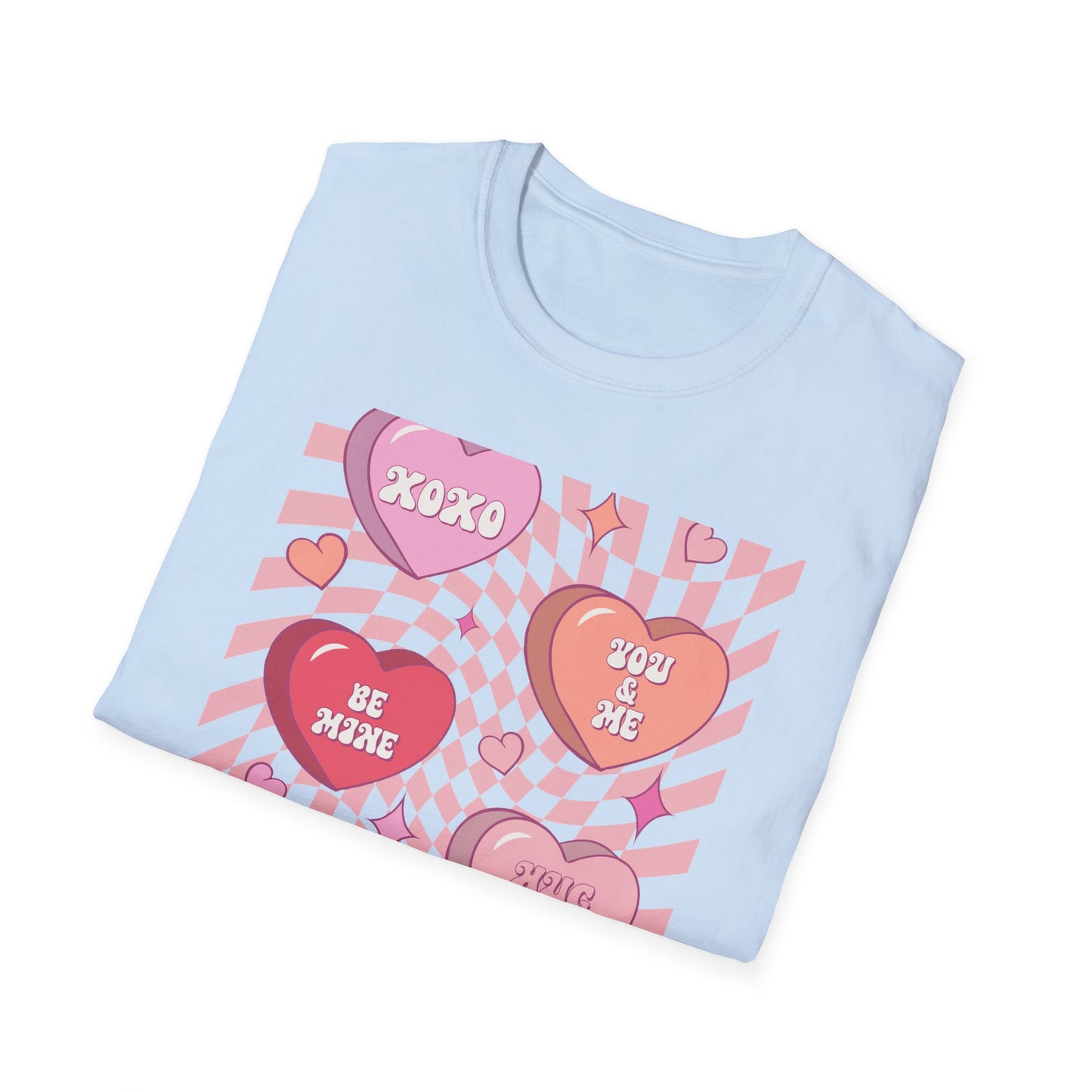 Groovy Conversation Hearts T-Shirt | Y2K Aesthetic Wavy Checkerboard Valentine's Day Tee | Adorable Retro Love Gift