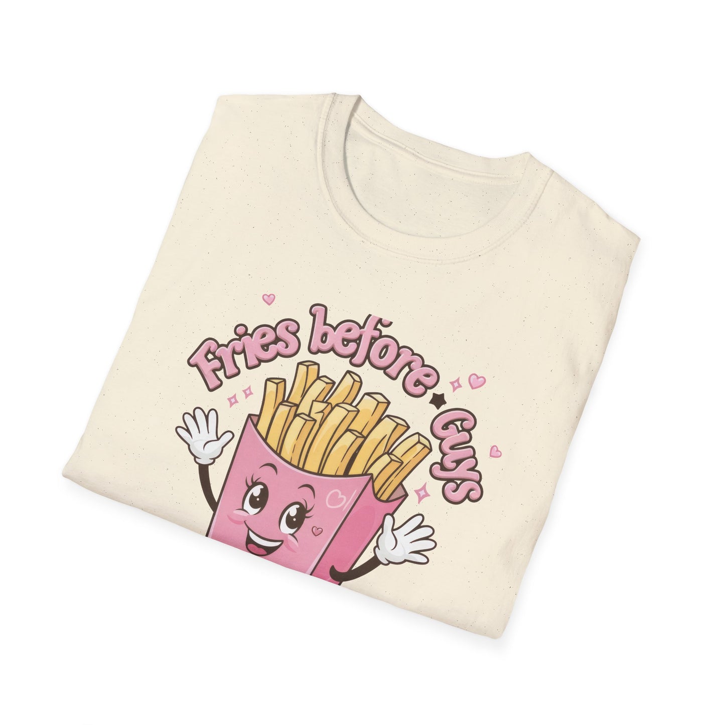 Cute 'Fries Before Guys' T-Shirt | Adorable Pink French Fry Lover Tee | Funny Foodie Graphic Top for Women & Teens