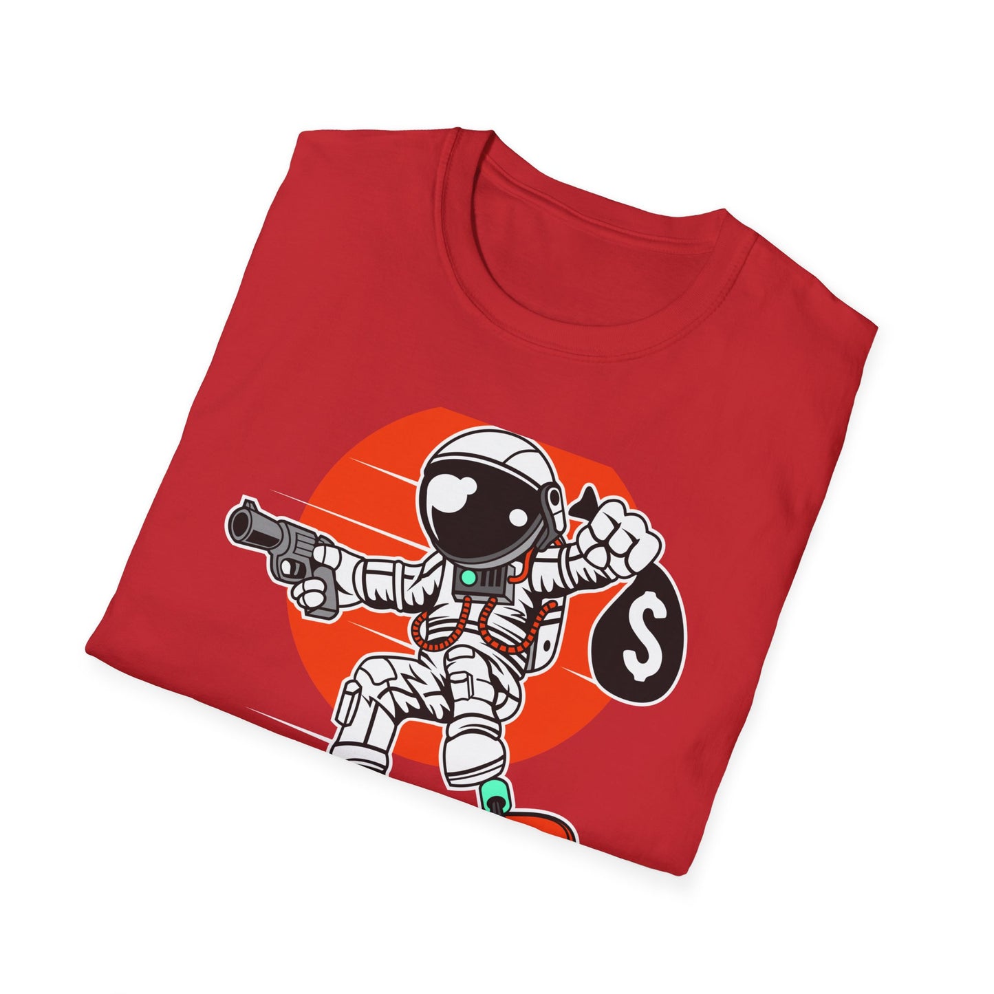 Epic Astronaut Skater T-Shirt: Cosmic Rebel with Cash & Gun | Unique Streetwear Space Outlaw Graphic Tee