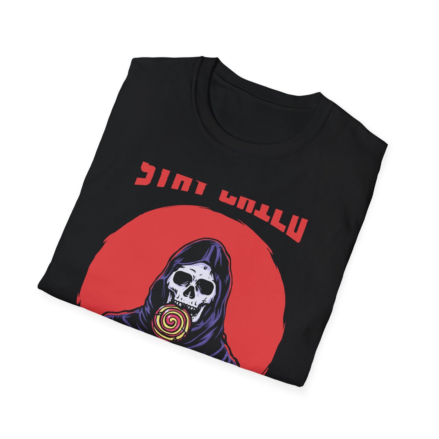 Stay Child Grim Reaper Lollipop T-Shirt | Edgy Skeleton Tee for Dark Humor & Inner Child | Unique & Vibrant Fun