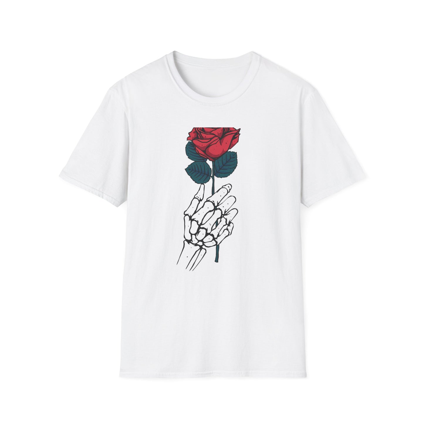 Striking Skeleton Hand Holding Rose T-Shirt | Unique Gothic Love Tee | Captivating Alt Fashion Top for Edgy Style