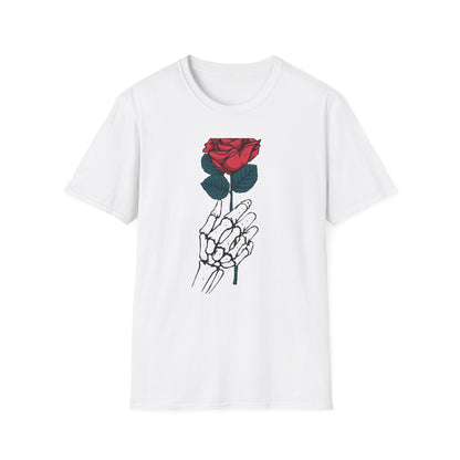 Striking Skeleton Hand Holding Rose T-Shirt | Unique Gothic Love Tee | Captivating Alt Fashion Top for Edgy Style
