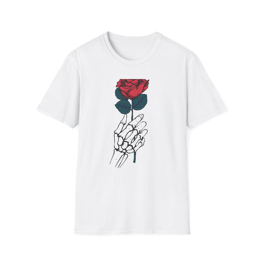 Striking Skeleton Hand Holding Rose T-Shirt | Unique Gothic Love Tee | Captivating Alt Fashion Top for Edgy Style