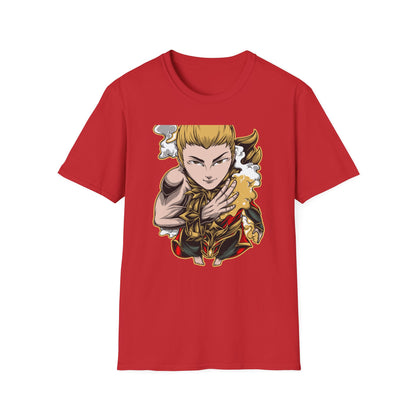 Captivating Mythic Hero T-Shirt | Dynamic Golden Warrior Anime Style Graphic Tee for Gamers & Fantasy Fans