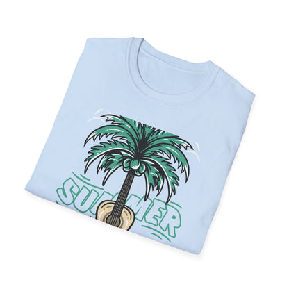 Vibrant Summer Guitar T-Shirt: Cool Palm Tree & Acoustic Beach Tee | Essential Music Lover Vacation Shirt