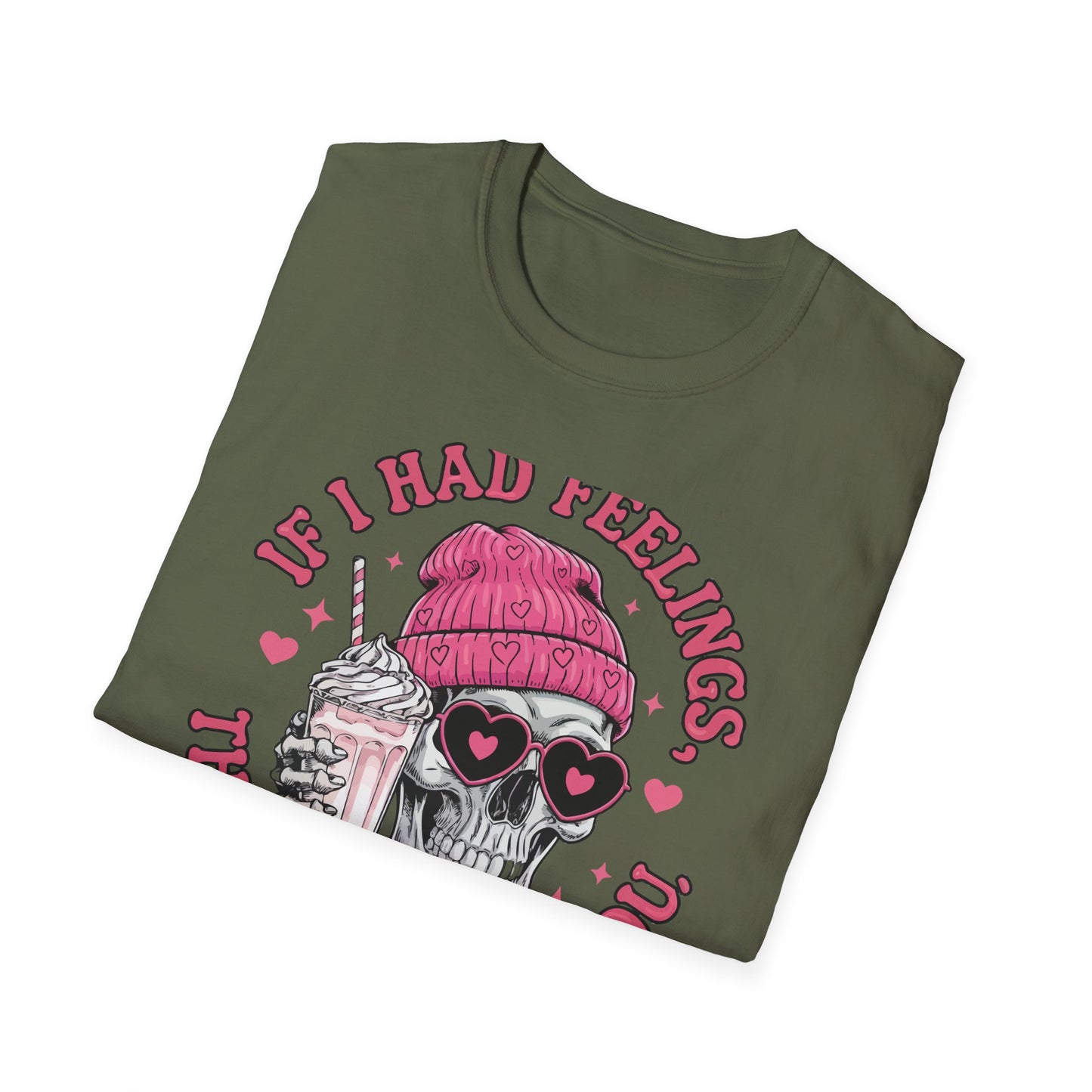 Sassy Skull Feelings T-Shirt - Trendy Pink Beanie & Heart Glasses Milkshake Tee | Funny Anti-Valentine's Edgy Humor Gift