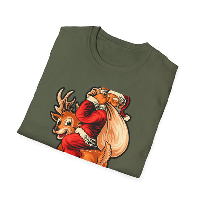 Epic Santa Riding Reindeer T-Shirt - Funny Christmas Piggyback Holiday Tee | Joyful Festive Apparel