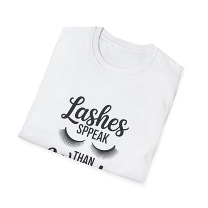 Chic 'Lashes Speak Than Words' T-Shirt | Glamorous Eyelash Design Tee for Beauty Lovers & Makeup Artists
