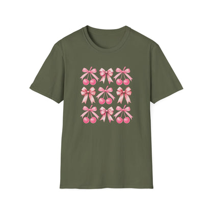 Chic Pink Bow & Cherry Heart T-Shirt | Adorable Coquette Aesthetic Tee | Sweet Girly Fashion Top for Women & Teens