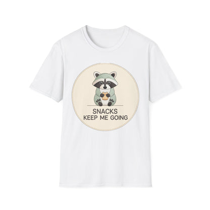 Snacks Keep Me Going Raccoon T-Shirt - Cute Funny Foodie Animal Tee for Snack Lovers & Lazy Day Comfort | Must-Have Gift