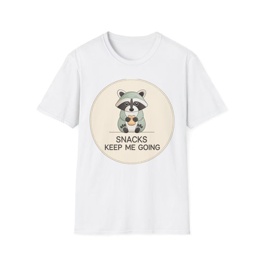 Snacks Keep Me Going Raccoon T-Shirt - Cute Funny Foodie Animal Tee for Snack Lovers & Lazy Day Comfort | Must-Have Gift