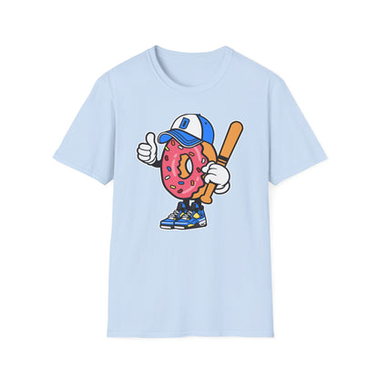 Epic Donut Baseball Player T-Shirt | Fun Sprinkle Drip Tee | Cool Cartoon Mascot Streetwear | Unique Foodie & Sports Fan Graphic Tee