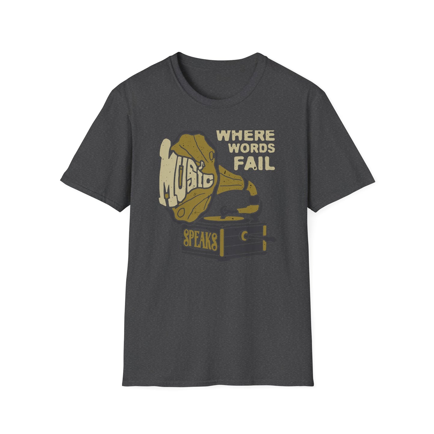 Expressive 'Where Words Fail Music Speaks' T-Shirt - Vintage Gramophone Design for Soulful Music Lovers