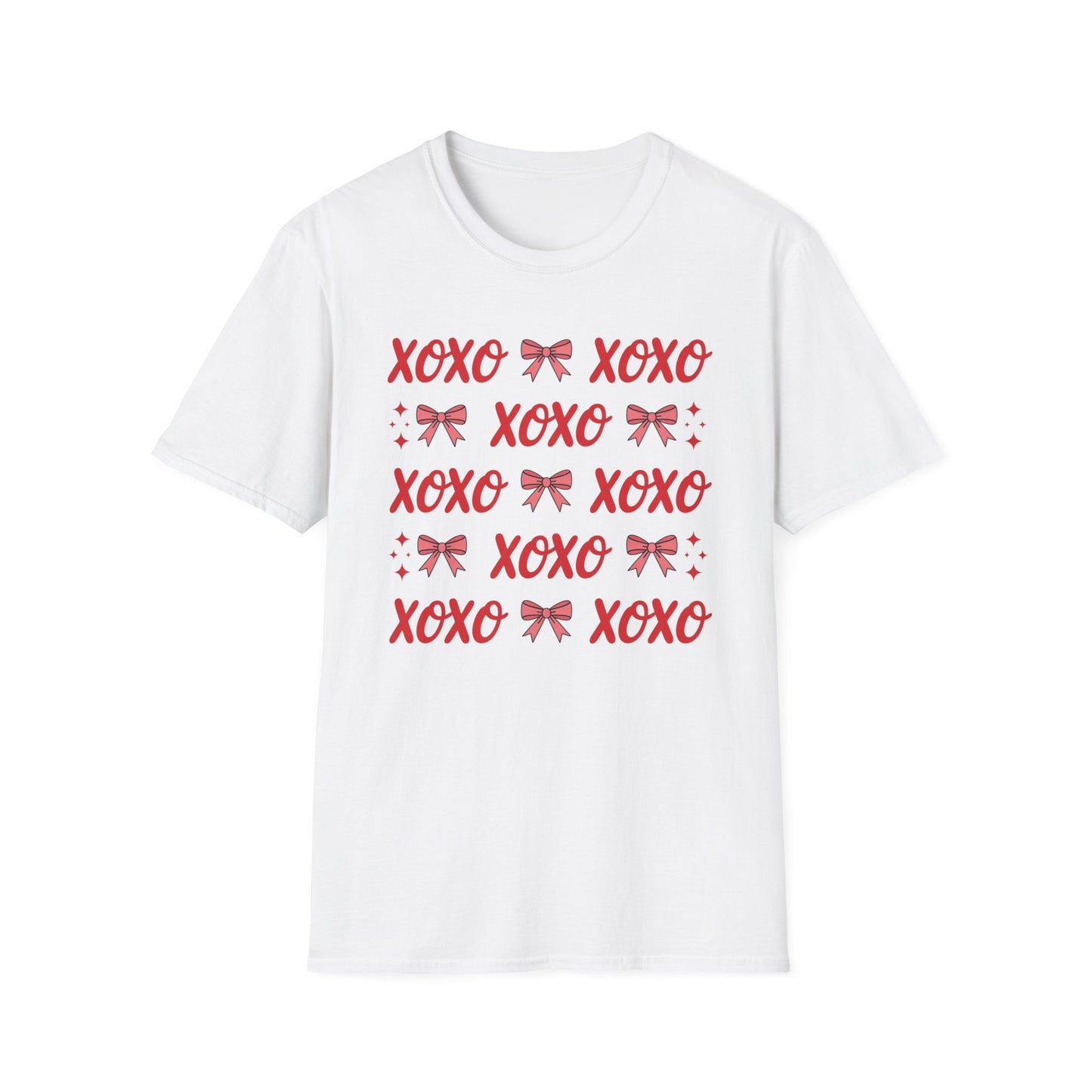 Adorable XOXO Bows & Sparkles T-Shirt | Sweet Hugs & Kisses Valentine's Day Tee for Women | Charming Romantic Gift