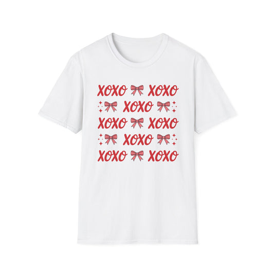 Adorable XOXO Bows & Sparkles T-Shirt | Sweet Hugs & Kisses Valentine's Day Tee for Women | Charming Romantic Gift