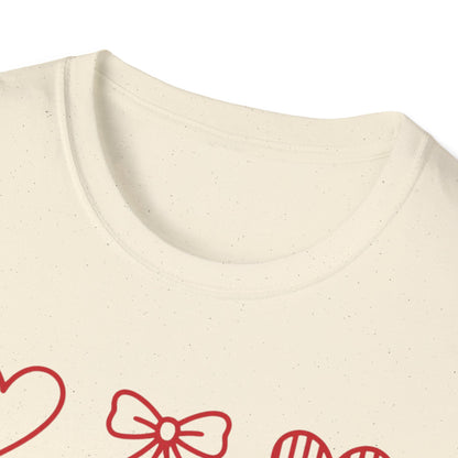 Adorable Red Hearts & Bows Pattern T-Shirt | Sweet Valentine's Day Love Graphic Tee for Women & Girls | Charming Romantic Gift