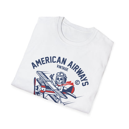 Vintage Skeleton Pilot Biplane T-Shirt - American Airways Fly Away Retro Aviation & Thrilling Thumbs Up Tee