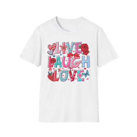 Ultimate Live Laugh Love T-Shirt | Charming Valentine's Gnome & Rose Heart Tee | Expressive Gift for Her