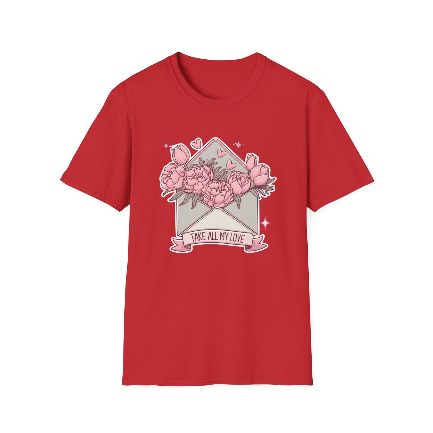 Sweet Love Letter T-Shirt: 'Take All My Love' Peony & Tulip Envelope Tee | Romantic Gift for Her