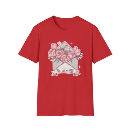 Sweet Love Letter T-Shirt: 'Take All My Love' Peony & Tulip Envelope Tee | Romantic Gift for Her