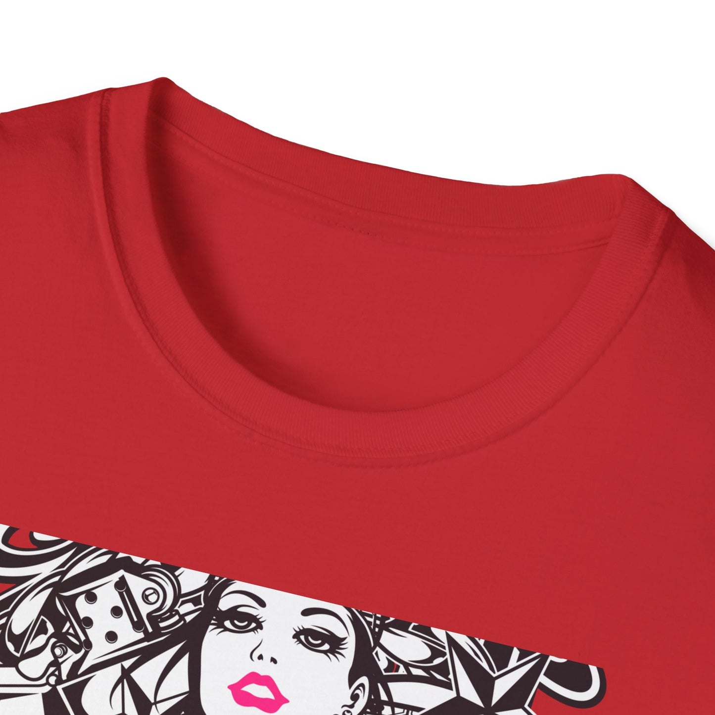 Bold Tattoo Girl & Skull Graphic T-Shirt | Edgy Urban Streetwear | Dice & Star Statement Tee - Unleash Your Rebel Style!