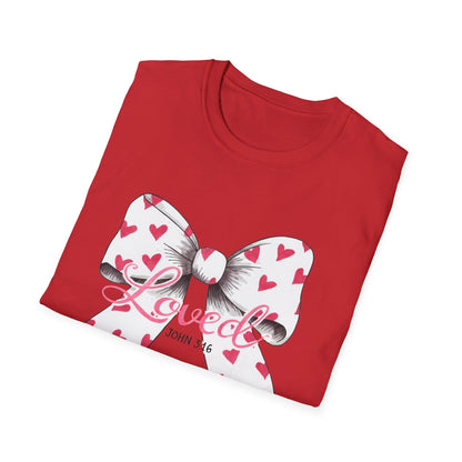 Inspiring 'Loved' John 3:16 T-Shirt | Christian Faith Tee with Hearts Bow | Beautiful Spiritual Gift for Women
