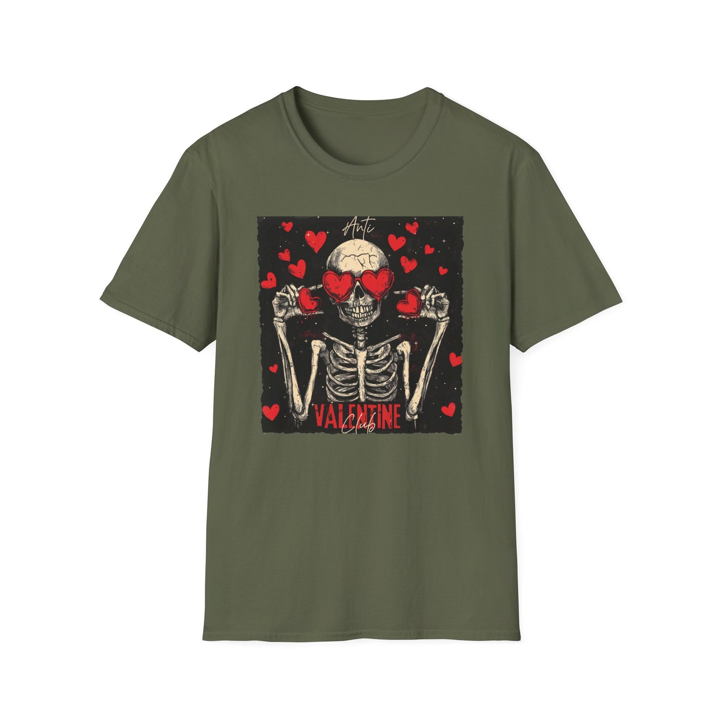 Anti Valentine Club Skeleton T-Shirt - Edgy Skull with Heart Sunglasses & Dripping Hearts | Grunge Anti-Love Tee