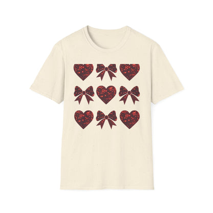 Dazzling Sparkle Hearts & Bows T-Shirt | Chic Glitter Love Tee for Women | Radiant Valentine's Day Gift
