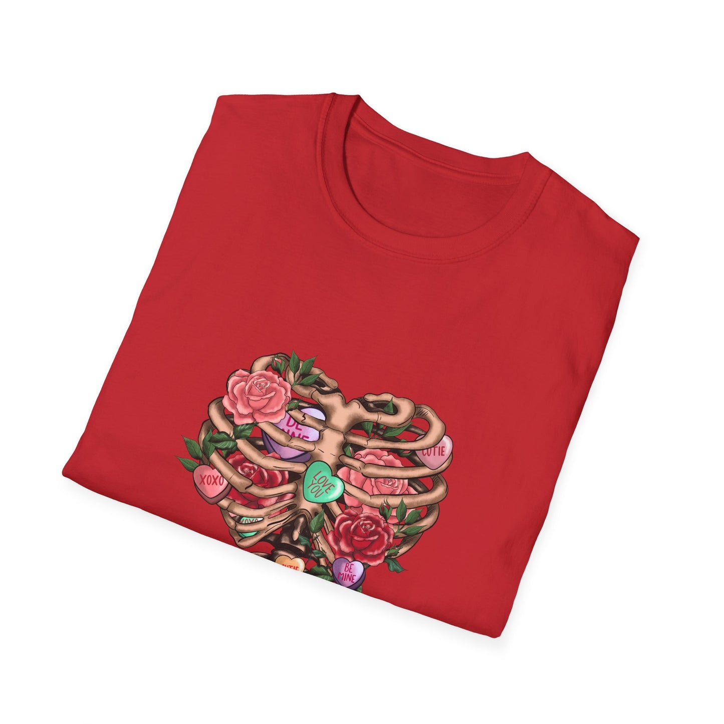 Captivating Anatomical Love Rib Cage T-Shirt - Edgy Floral Valentine's Day Conversation Hearts Tee for Unique Romance