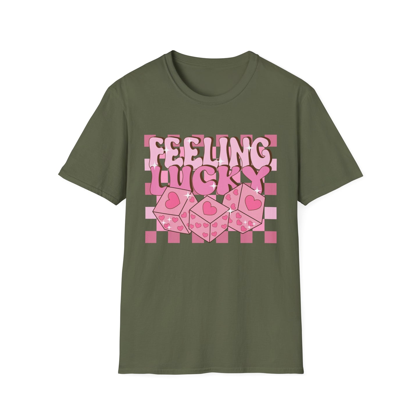Feeling Lucky Groovy T-Shirt | Pink Heart Dice Retro Aesthetic Tee | Trendy Y2K Cute Sparkling Top for Women & Teens