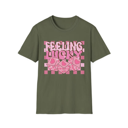 Feeling Lucky Groovy T-Shirt | Pink Heart Dice Retro Aesthetic Tee | Trendy Y2K Cute Sparkling Top for Women & Teens
