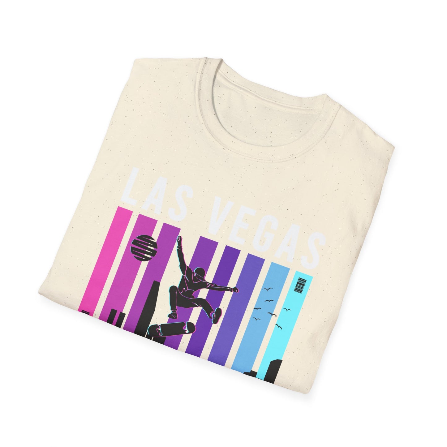 Dynamic Neon Skater T-Shirt | Urban City Skyline Streetwear Tee | Vibrant Skateboarding Style Apparel for All