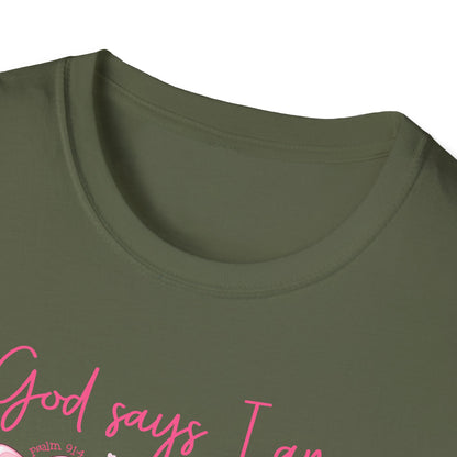 Powerful "God Says I Am" Christian T-Shirt for Women | Inspiring Bible Verse & Pink Bows Tee | Empowering Faith Gift