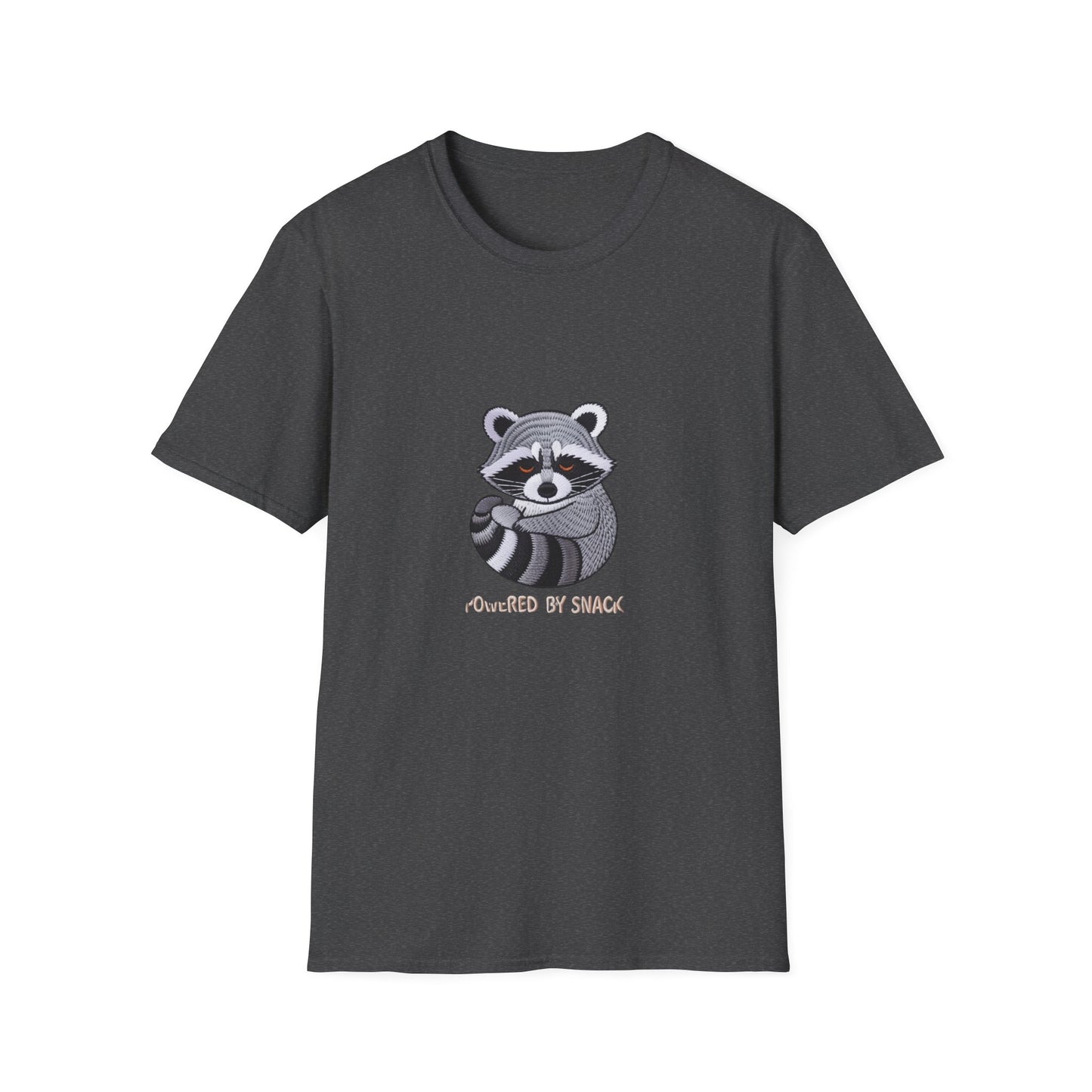 Adorable 'Powered By Snack' Raccoon T-Shirt - Hilarious Animal Lover Tee for Cozy Comfort & Snack Enthusiasts. Must-Have Gift!