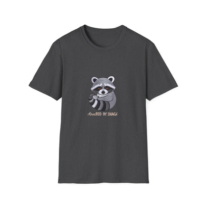 Adorable 'Powered By Snack' Raccoon T-Shirt - Hilarious Animal Lover Tee for Cozy Comfort & Snack Enthusiasts. Must-Have Gift!