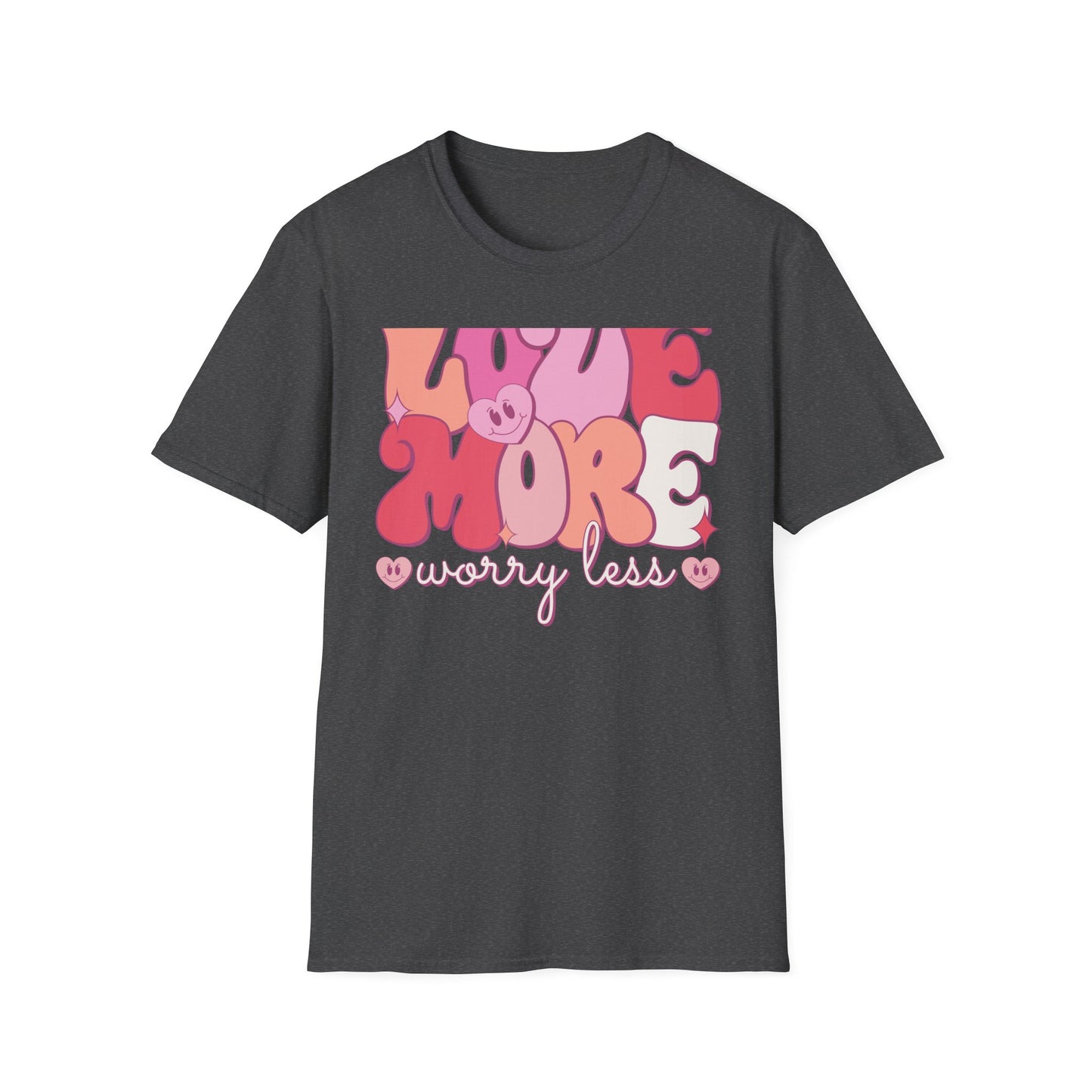 Groovy "LOVE MORE worry less" T-Shirt | Retro Happy Heart Tee | Positive Vibes Apparel for All | Inspiring Gift