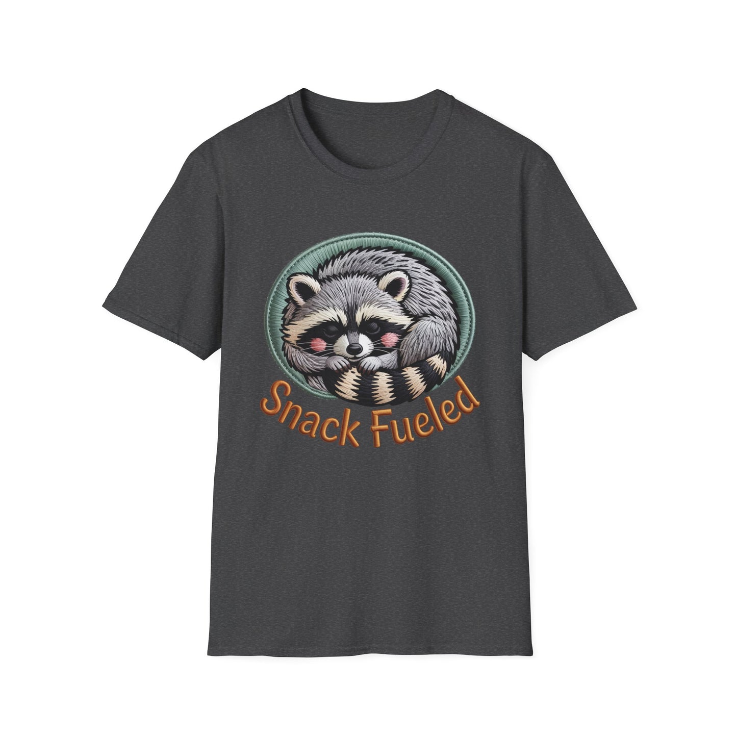 Adorable "Snack Fueled" Raccoon T-Shirt | Cozy Embroidered Look Tee | Ultimate Cute Animal & Snack Lover Gift!