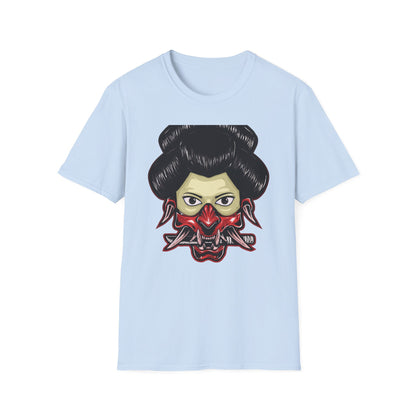 Fierce Hannya Mask T-Shirt | Striking Japanese Oni Demon Warrior Tee with Blade | Bold Traditional Art Statement Shirt