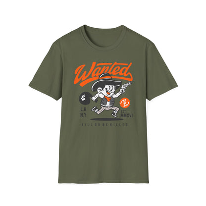 Most Wanted Urban Outlaw T-Shirt | Edgy Rebel Streetwear Tee with Cowboy, Gun & Money Bag Design. Unstoppable Style!